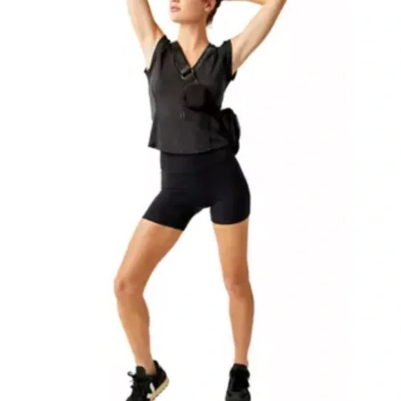 Free People Movement True North Ruched Shoulder V-Neck Tee NWT White Black XS, M - Picture 9 of 16